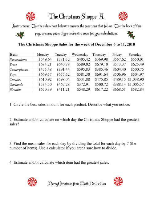 The The Christmas Shoppe (Numbers under $1000) (A) Math Worksheet