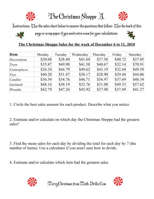The The Christmas Shoppe (Numbers under $100) (A) Math Worksheet