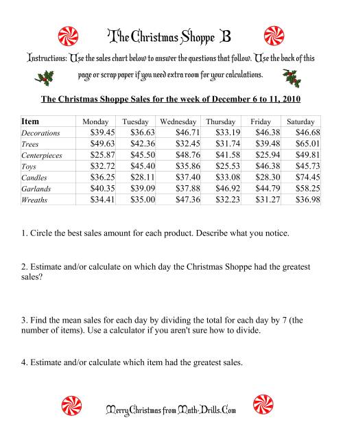 The The Christmas Shoppe (Numbers under $100) (B) Math Worksheet