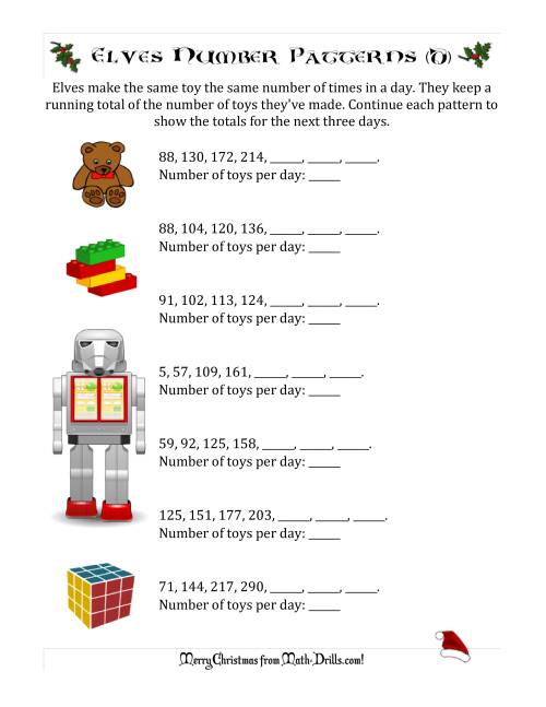 The Elf Toy Inventory with Growing Number Patterns (Max. Interval 99) (D) Math Worksheet