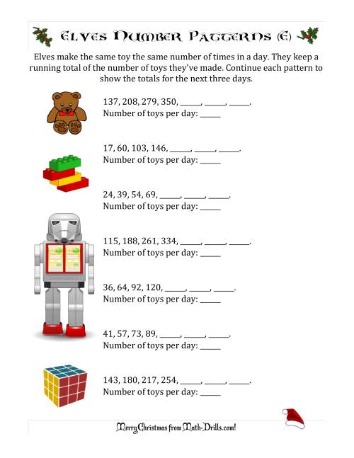 The Elf Toy Inventory with Growing Number Patterns (Max. Interval 99) (E) Math Worksheet