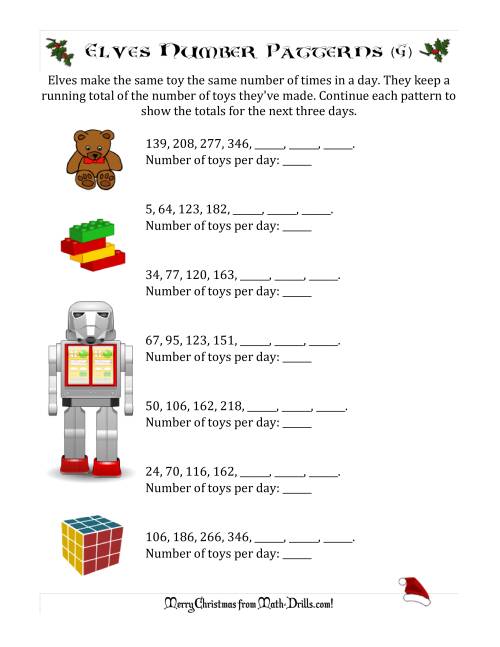 The Elf Toy Inventory with Growing Number Patterns (Max. Interval 99) (G) Math Worksheet