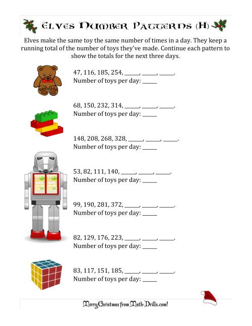 The Elf Toy Inventory with Growing Number Patterns (Max. Interval 99) (H) Math Worksheet