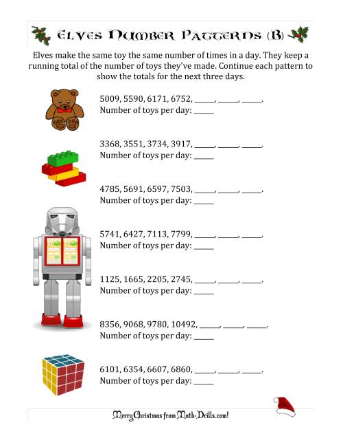 The Elf Toy Inventory with Growing Number Patterns (Max. Interval 999) (B) Math Worksheet