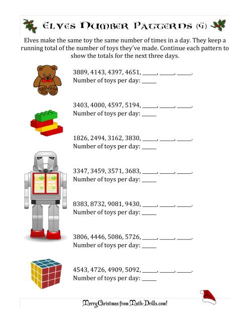 The Elf Toy Inventory with Growing Number Patterns (Max. Interval 999) (G) Math Worksheet