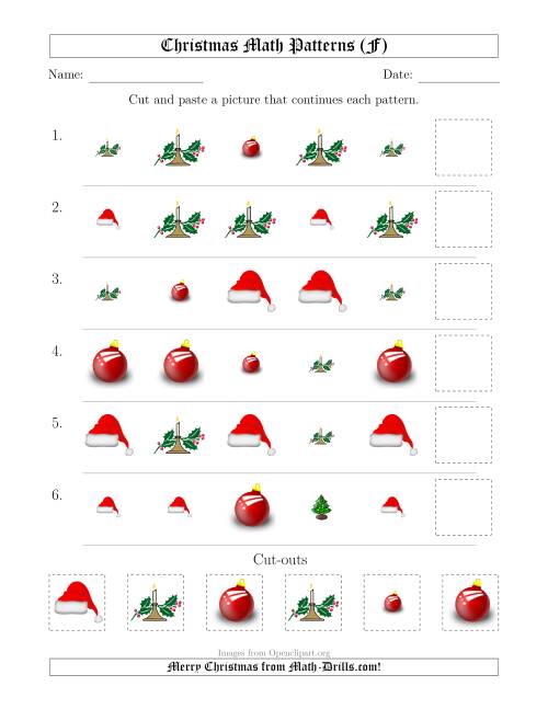 The Christmas Picture Patterns with Shape and Size Attributes (F) Math Worksheet