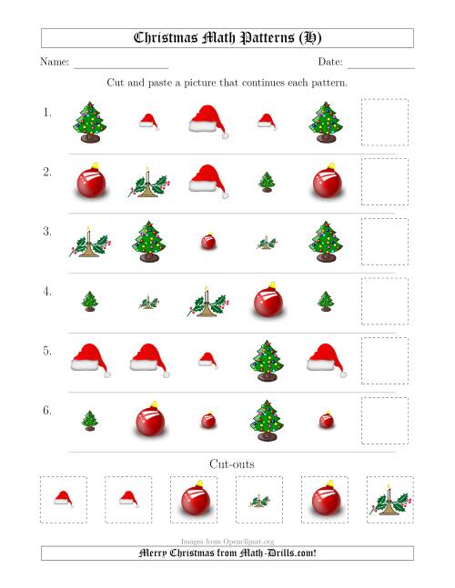 The Christmas Picture Patterns with Shape and Size Attributes (H) Math Worksheet