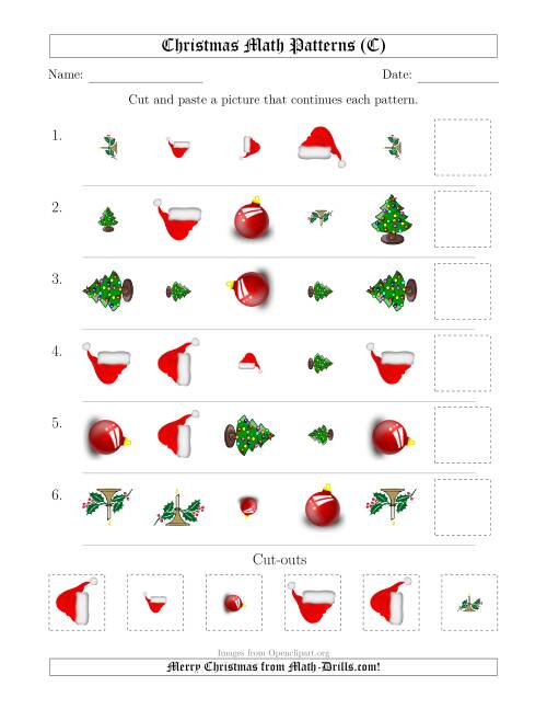 The Christmas Picture Patterns with Shape, Size and Rotation Attributes (C) Math Worksheet