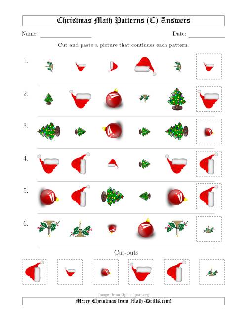 The Christmas Picture Patterns with Shape, Size and Rotation Attributes (C) Math Worksheet Page 2