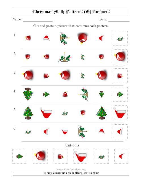 The Christmas Picture Patterns with Shape, Size and Rotation Attributes (H) Math Worksheet Page 2
