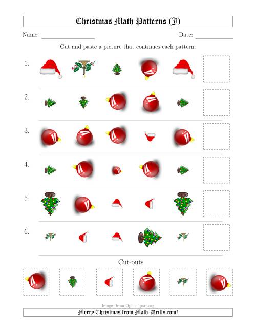 The Christmas Picture Patterns with Shape, Size and Rotation Attributes (J) Math Worksheet