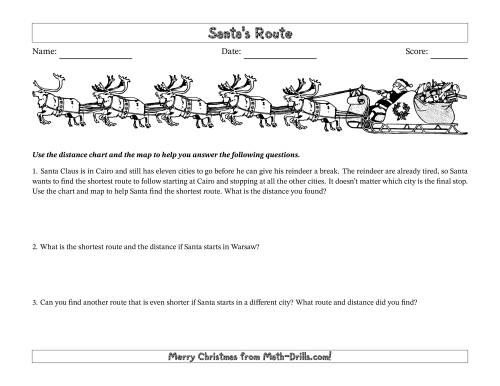 The Santa's Route in Miles Math Worksheet