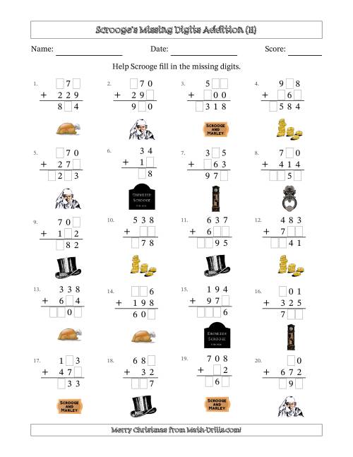 The Ebenezer Scrooge's Missing Digits Addition (Easier Version) (H) Math Worksheet
