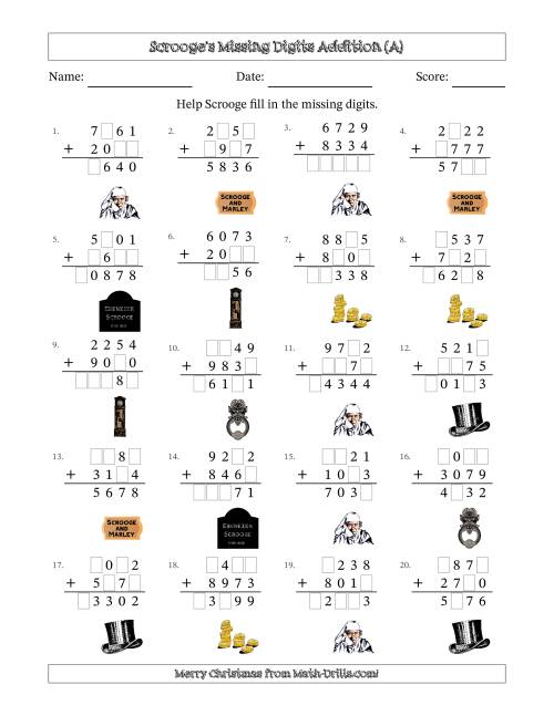The Ebenezer Scrooge's Missing Digits Addition (Harder Version) (All) Math Worksheet