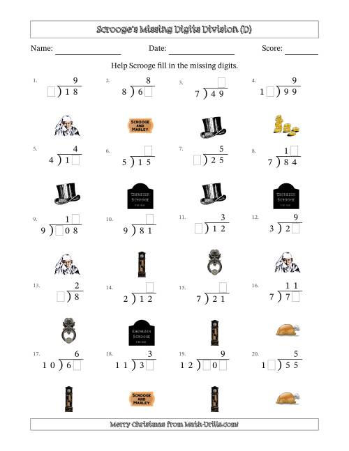 The Ebenezer Scrooge's Missing Digits Division (Easier Version) (D) Math Worksheet