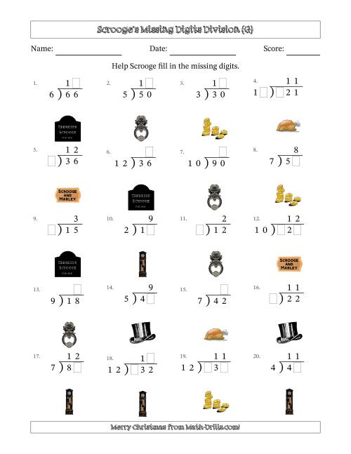 The Ebenezer Scrooge's Missing Digits Division (Easier Version) (G) Math Worksheet