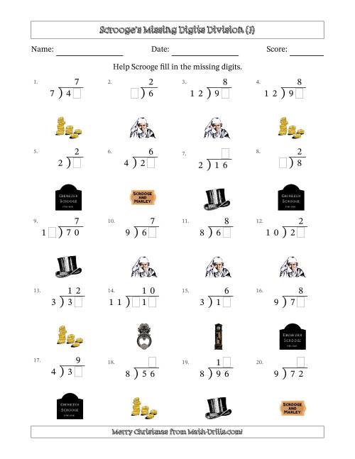 The Ebenezer Scrooge's Missing Digits Division (Easier Version) (J) Math Worksheet