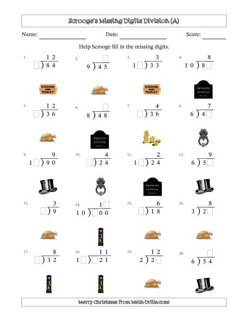 The Ebenezer Scrooge's Missing Digits Division (Easier Version) (All) Math Worksheet