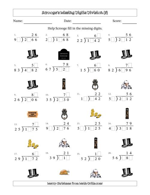 The Ebenezer Scrooge's Missing Digits Division (Harder Version) (F) Math Worksheet