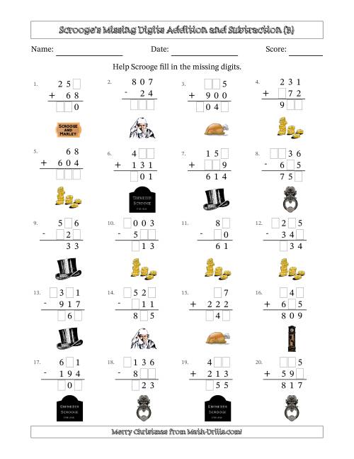 The Ebenezer Scrooge's Missing Digits Addition and Subtraction (Easier Version) (B) Math Worksheet