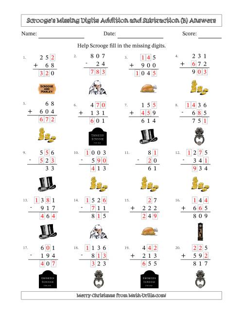 The Ebenezer Scrooge's Missing Digits Addition and Subtraction (Easier Version) (B) Math Worksheet Page 2