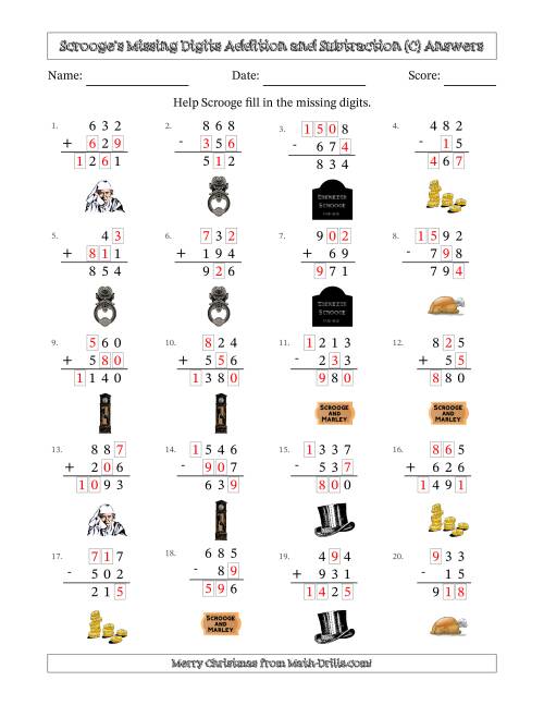 The Ebenezer Scrooge's Missing Digits Addition and Subtraction (Easier Version) (C) Math Worksheet Page 2