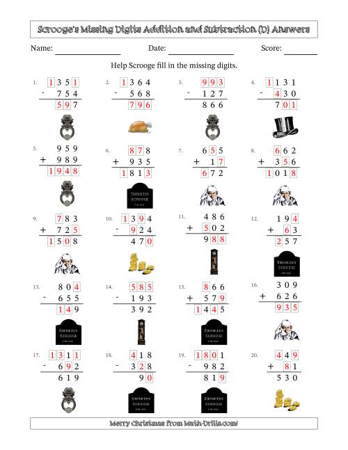The Ebenezer Scrooge's Missing Digits Addition and Subtraction (Easier Version) (D) Math Worksheet Page 2