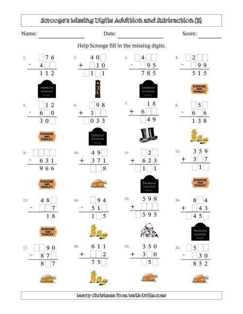 The Ebenezer Scrooge's Missing Digits Addition and Subtraction (Easier Version) (E) Math Worksheet