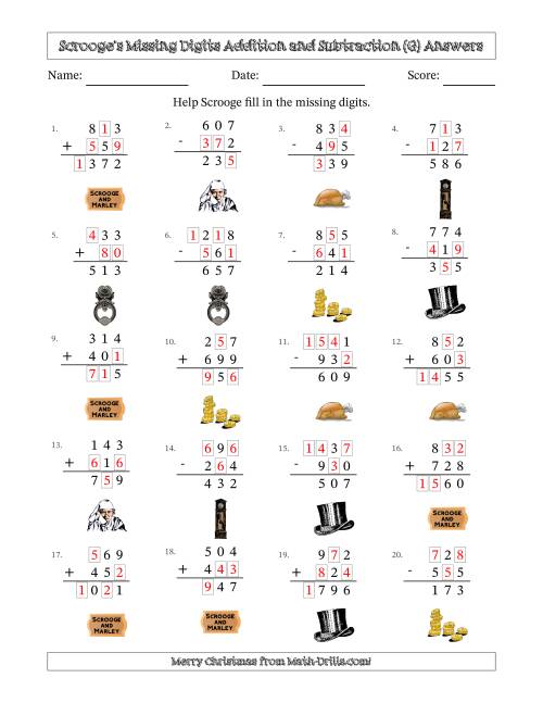 The Ebenezer Scrooge's Missing Digits Addition and Subtraction (Easier Version) (G) Math Worksheet Page 2