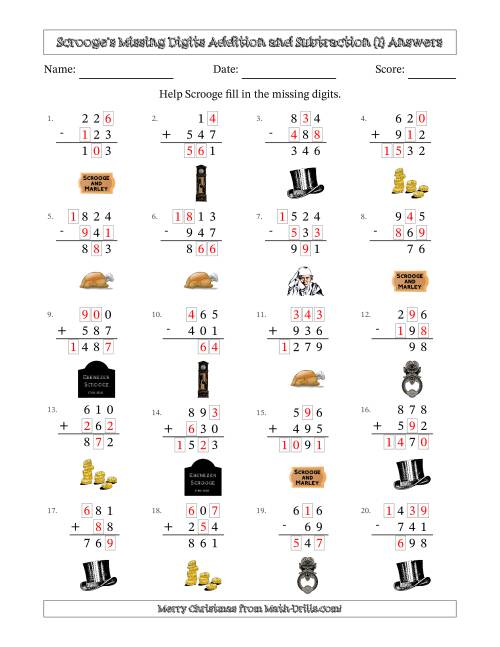The Ebenezer Scrooge's Missing Digits Addition and Subtraction (Easier Version) (I) Math Worksheet Page 2