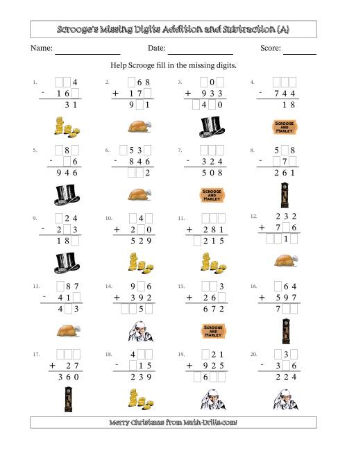 The Ebenezer Scrooge's Missing Digits Addition and Subtraction (Easier Version) (All) Math Worksheet