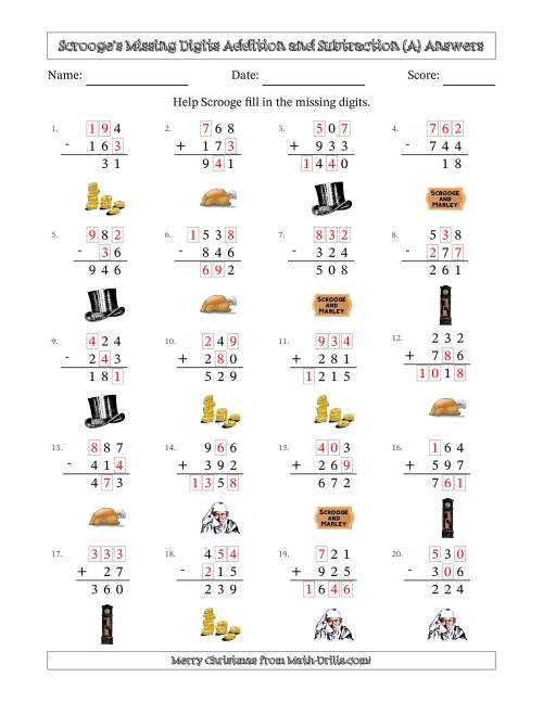 The Ebenezer Scrooge's Missing Digits Addition and Subtraction (Easier Version) (All) Math Worksheet Page 2