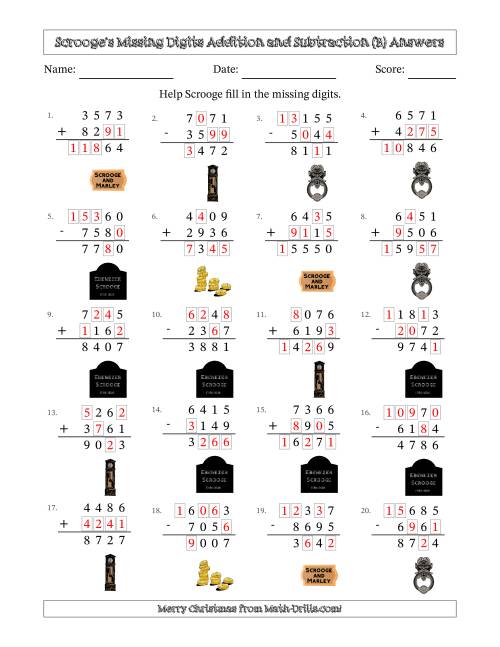 The Ebenezer Scrooge's Missing Digits Addition and Subtraction (Harder Version) (B) Math Worksheet Page 2
