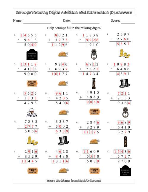 The Ebenezer Scrooge's Missing Digits Addition and Subtraction (Harder Version) (D) Math Worksheet Page 2