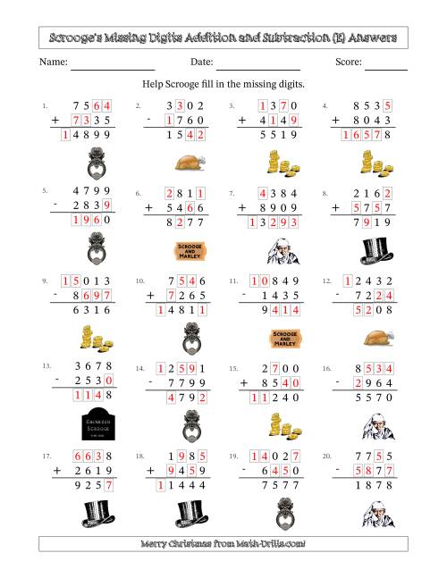 The Ebenezer Scrooge's Missing Digits Addition and Subtraction (Harder Version) (E) Math Worksheet Page 2