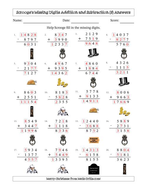 The Ebenezer Scrooge's Missing Digits Addition and Subtraction (Harder Version) (F) Math Worksheet Page 2