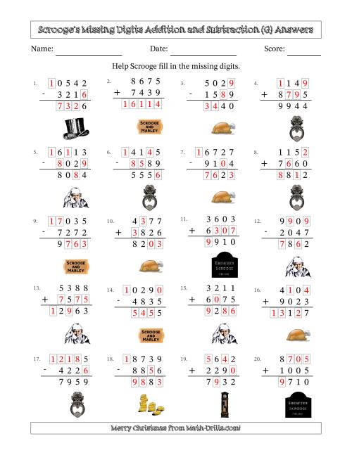The Ebenezer Scrooge's Missing Digits Addition and Subtraction (Harder Version) (G) Math Worksheet Page 2