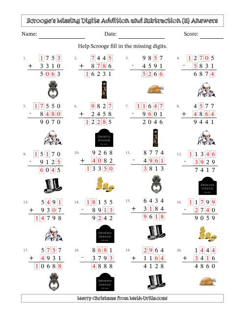 The Ebenezer Scrooge's Missing Digits Addition and Subtraction (Harder Version) (H) Math Worksheet Page 2