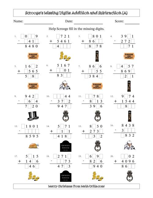 The Ebenezer Scrooge's Missing Digits Addition and Subtraction (Harder Version) (All) Math Worksheet