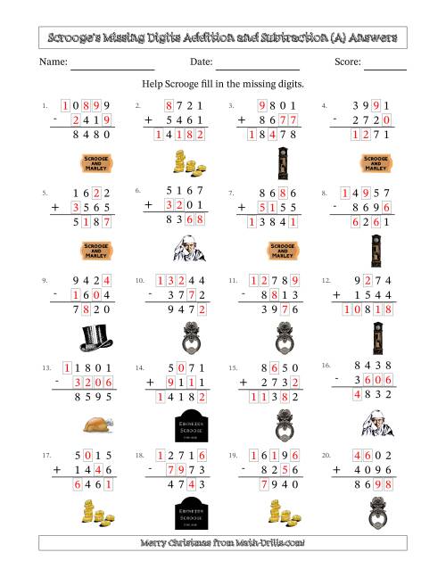 The Ebenezer Scrooge's Missing Digits Addition and Subtraction (Harder Version) (All) Math Worksheet Page 2