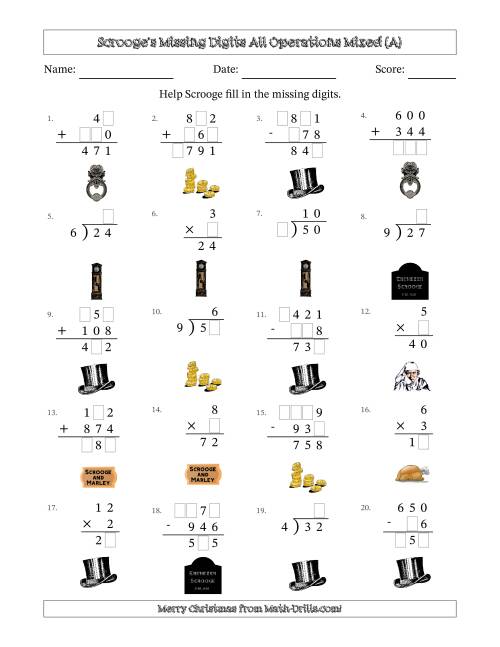 The Ebenezer Scrooge's Missing Digits All Operations Mixed (Easier Version) (A) Math Worksheet