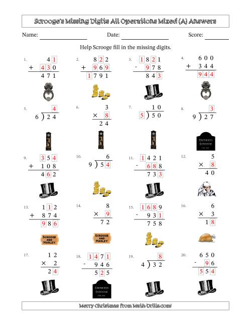The Ebenezer Scrooge's Missing Digits All Operations Mixed (Easier Version) (A) Math Worksheet Page 2