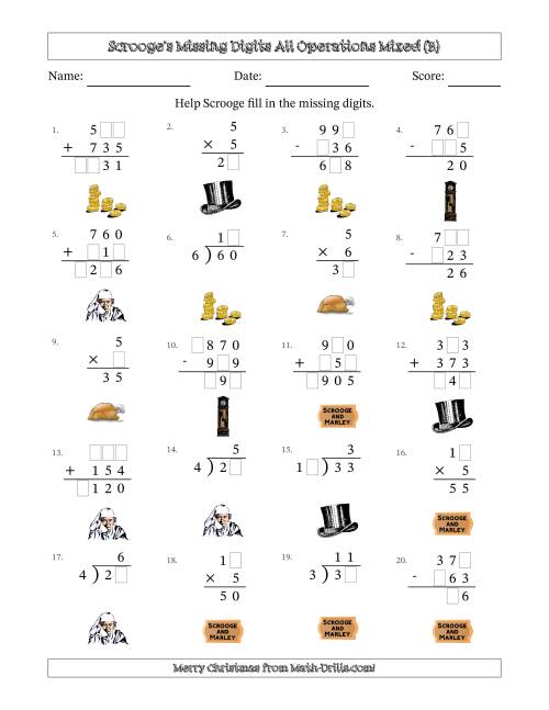 The Ebenezer Scrooge's Missing Digits All Operations Mixed (Easier Version) (B) Math Worksheet