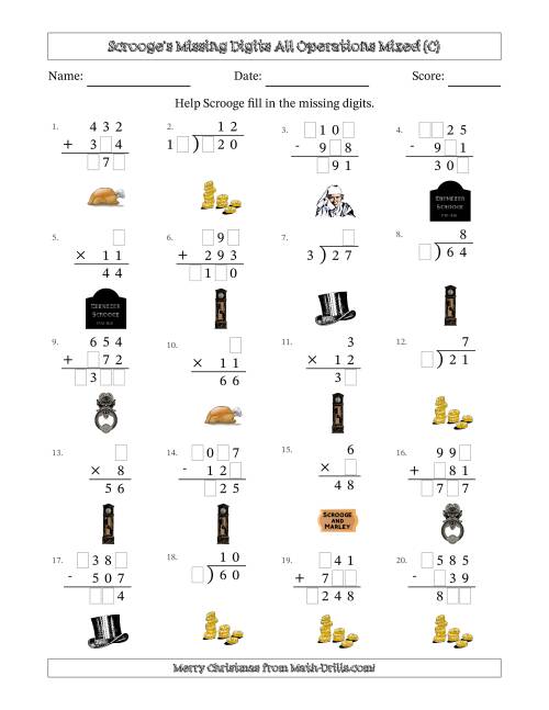 The Ebenezer Scrooge's Missing Digits All Operations Mixed (Easier Version) (C) Math Worksheet