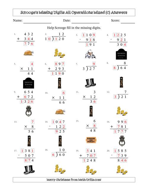 The Ebenezer Scrooge's Missing Digits All Operations Mixed (Easier Version) (C) Math Worksheet Page 2