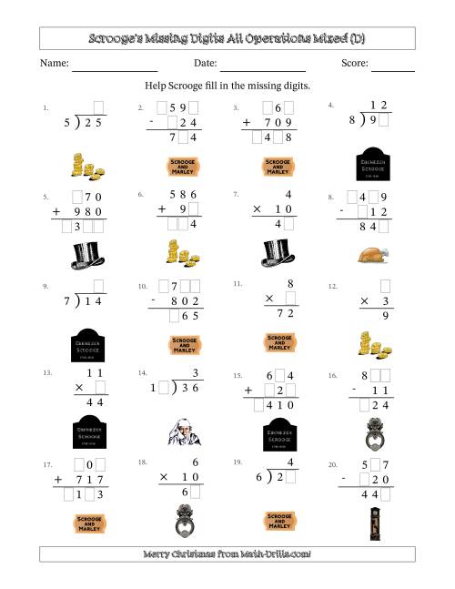 The Ebenezer Scrooge's Missing Digits All Operations Mixed (Easier Version) (D) Math Worksheet