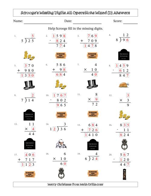 The Ebenezer Scrooge's Missing Digits All Operations Mixed (Easier Version) (D) Math Worksheet Page 2
