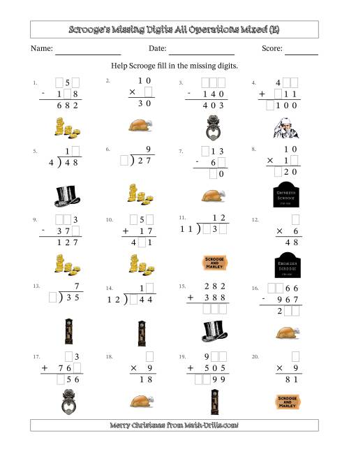 The Ebenezer Scrooge's Missing Digits All Operations Mixed (Easier Version) (E) Math Worksheet