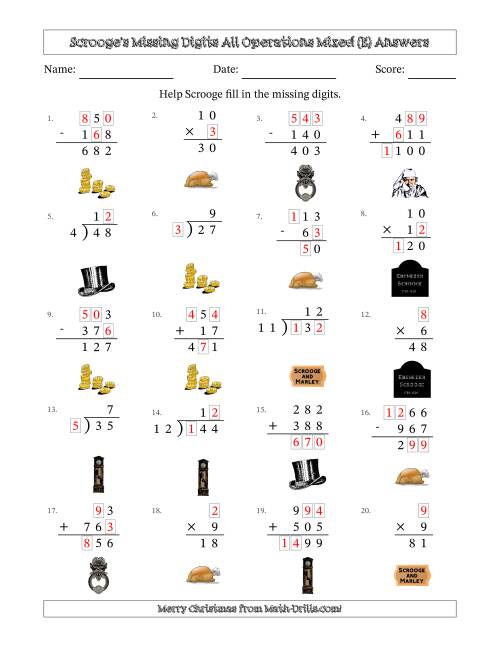 The Ebenezer Scrooge's Missing Digits All Operations Mixed (Easier Version) (E) Math Worksheet Page 2