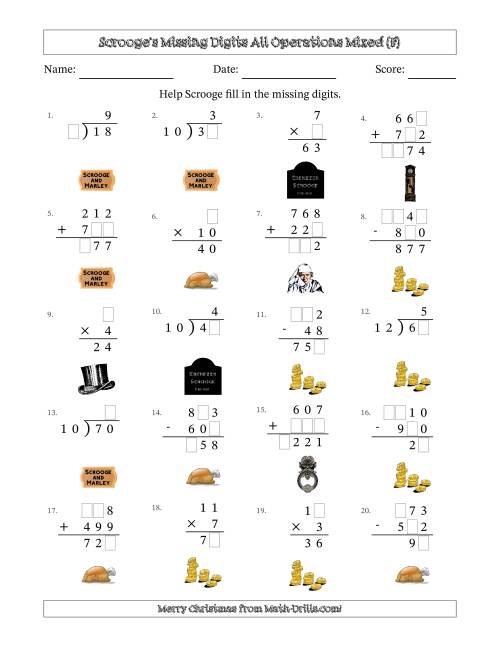 The Ebenezer Scrooge's Missing Digits All Operations Mixed (Easier Version) (F) Math Worksheet